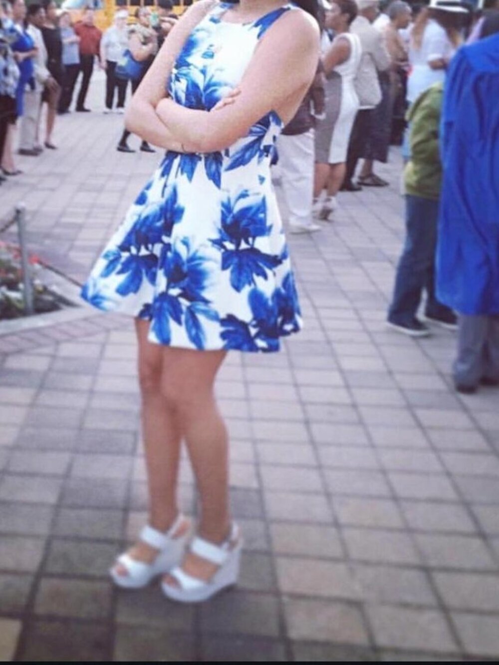 KeepSake white and blue floral dress with zipper back, size S